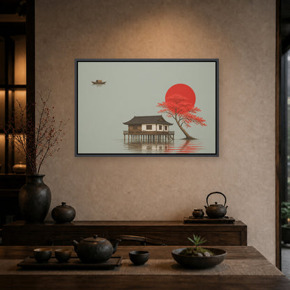 Red Tree and Asian Stilt House Floating Frame Wall Art - 02b