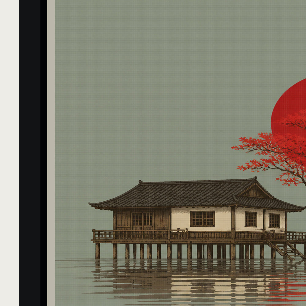 Red Tree and Asian Stilt House Floating Frame Wall Art - 03