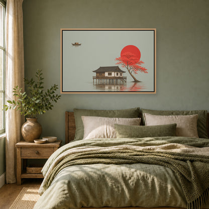 Red Tree and Asian Stilt House Floating Frame Wall Art - 04
