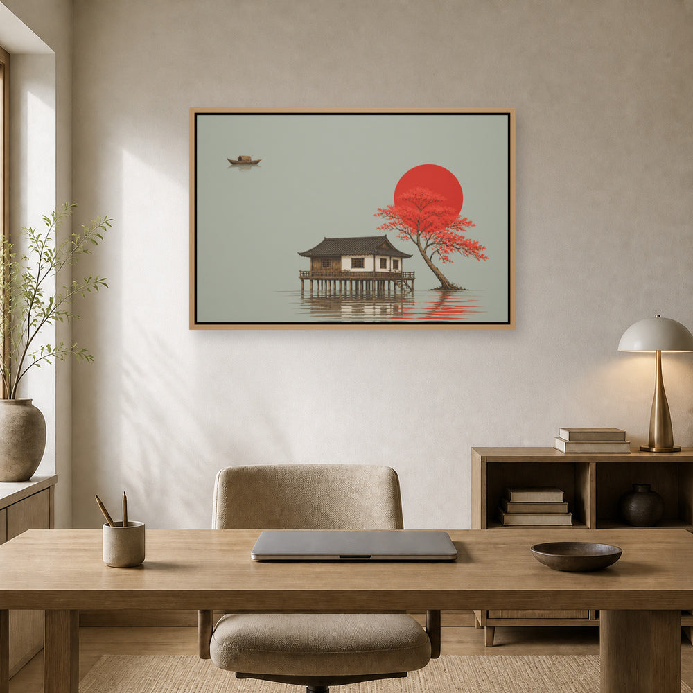 Red Tree and Asian Stilt House Floating Frame Wall Art - 05