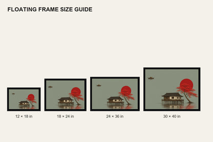 Red Tree and Asian Stilt House Floating Frame Wall Art - 06