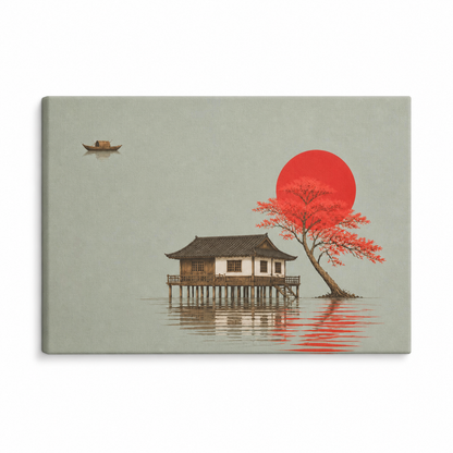 Red Tree Asian Stilt House Floater Frame Canvas Wall Art | Stretched Canvas SKU