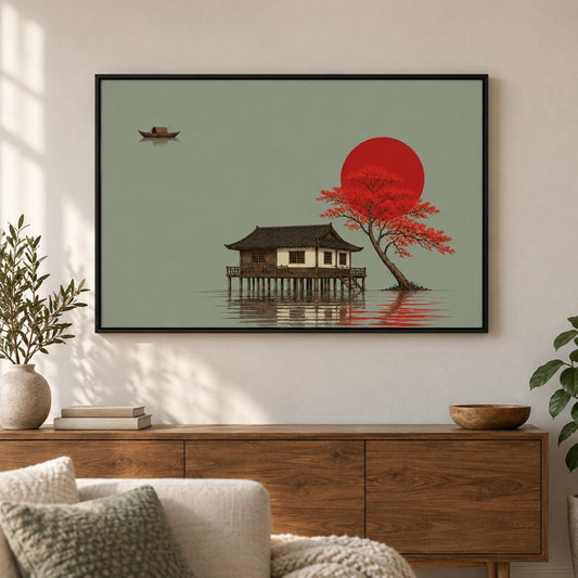 Red Tree Asian Stilt House Floater Frame Canvas Wall Art - approved Black Frame closeup wall view