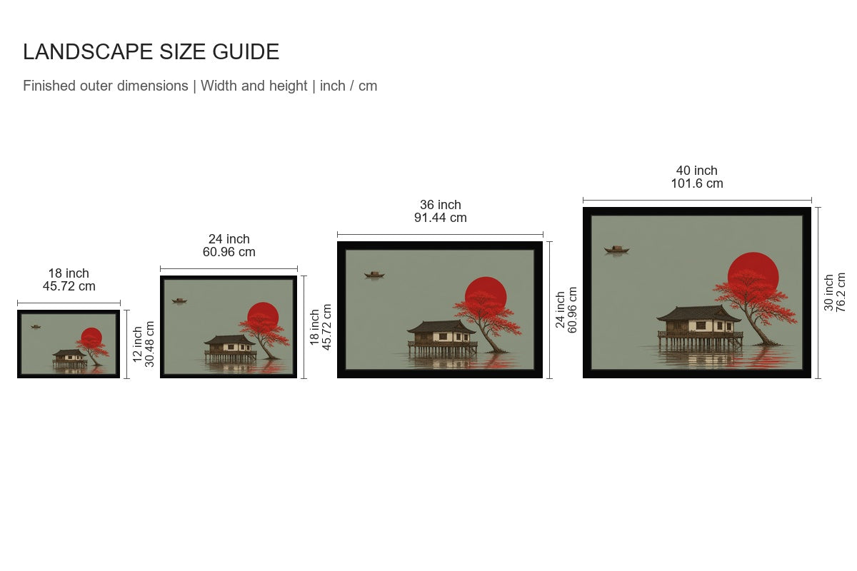 Red Tree Asian Stilt House Floater Frame Canvas Wall Art - approved size comparison guide (cm)