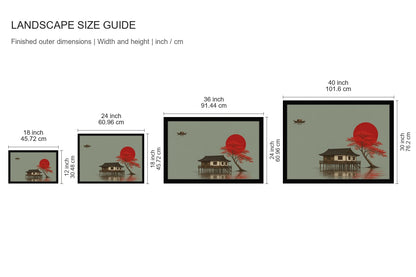 Red Tree Asian Stilt House Floater Frame Canvas Wall Art - approved size comparison guide (cm)