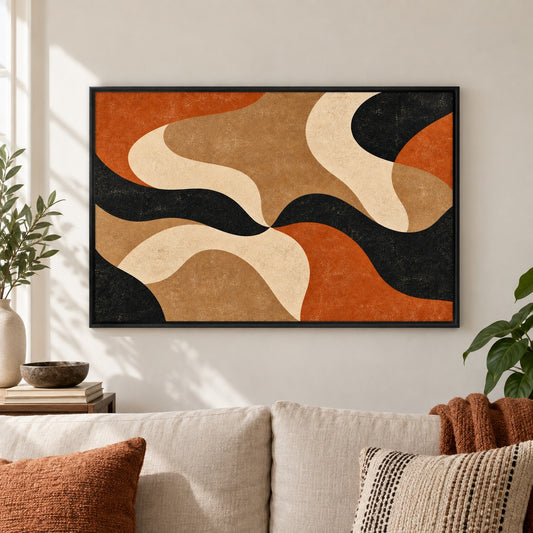 Mid Century Organic Shapes Abstract Floater Frame Canvas Wall Art - approved Black Frame closeup wall view