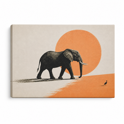 African Elephant Orange Sun Floater Frame Canvas Wall Art | Stretched Canvas SKU
