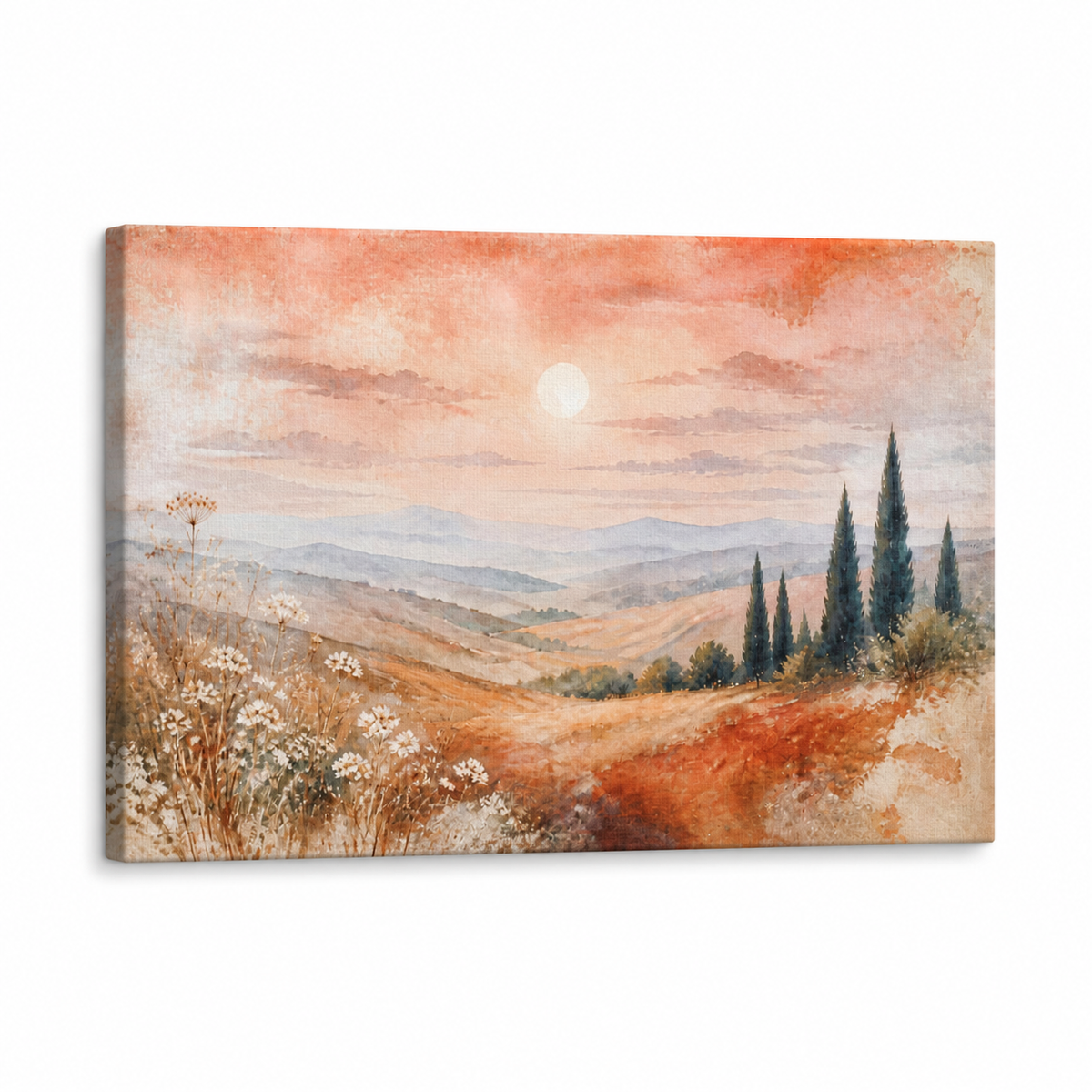 Tuscan Hills Watercolor Landscape Floater Frame Canvas Wall Art | Stretched Canvas SKU