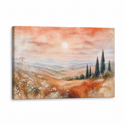 Tuscan Hills Watercolor Landscape Floater Frame Canvas Wall Art | Stretched Canvas SKU