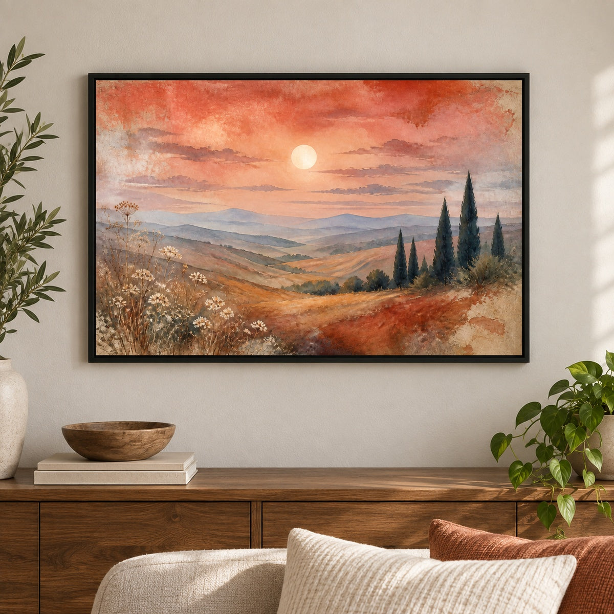 Tuscan Hills Watercolor Landscape Floater Frame Canvas Wall Art - approved Black Frame closeup wall view