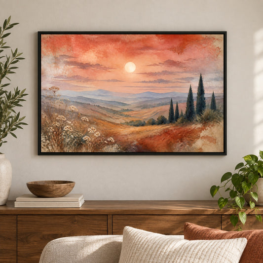 Tuscan Hills Watercolor Landscape Floater Frame Canvas Wall Art - approved Black Frame closeup wall view