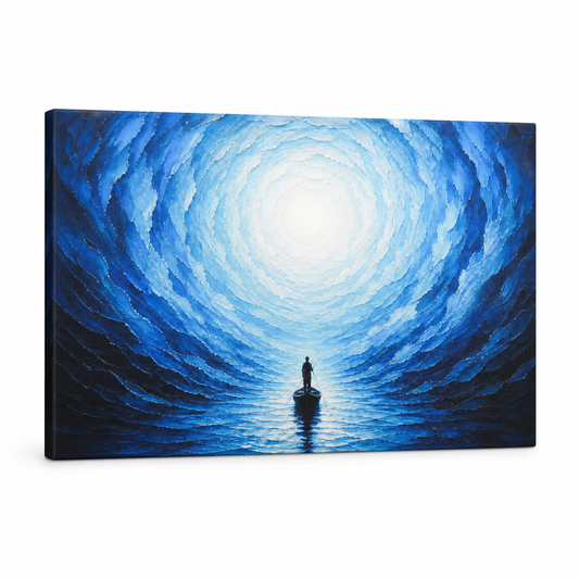 Blue Vortex Boat Journey Floater Frame Canvas Wall Art | Stretched Canvas SKU