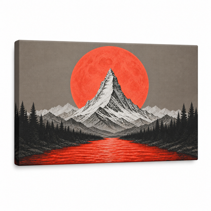 Orange Moon Red River Mountain Floating Frame Canvas Wall Art | Stretched Canvas SKU