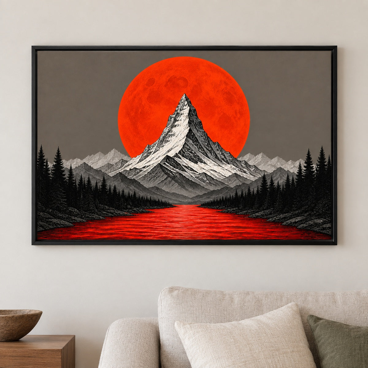 Orange Moon Red River Mountain Floating Frame Canvas Wall Art - approved Black Frame closeup wall view