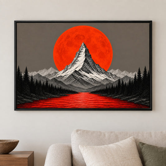 Orange Moon Red River Mountain Floating Frame Canvas Wall Art - approved Black Frame closeup wall view