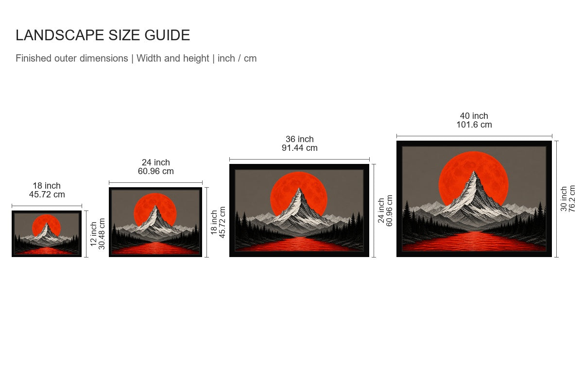 Orange Moon Red River Mountain Floating Frame Canvas Wall Art - approved size comparison guide (cm)