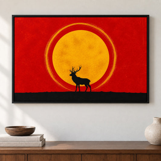 Stag and Golden Moon Floating Frame Canvas Wall Art - approved Black Frame closeup wall view