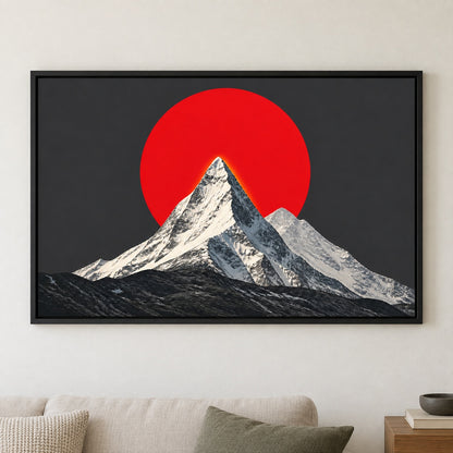 Red Sun Snow Mountain Floating Frame Canvas Wall Art - approved Black Frame closeup wall view