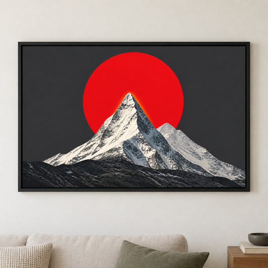 Red Sun Snow Mountain Floating Frame Canvas Wall Art - approved Black Frame closeup wall view