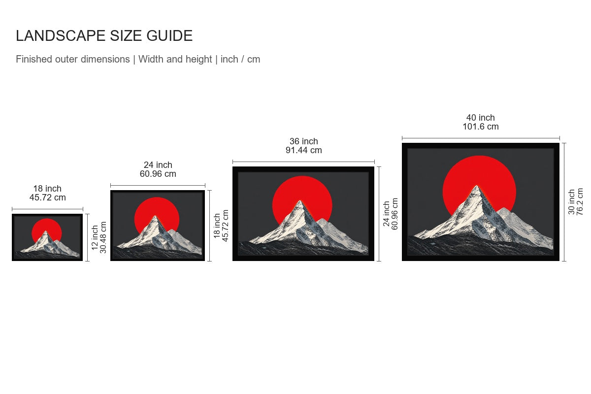 Red Sun Snow Mountain Floating Frame Canvas Wall Art - approved size comparison guide (cm)