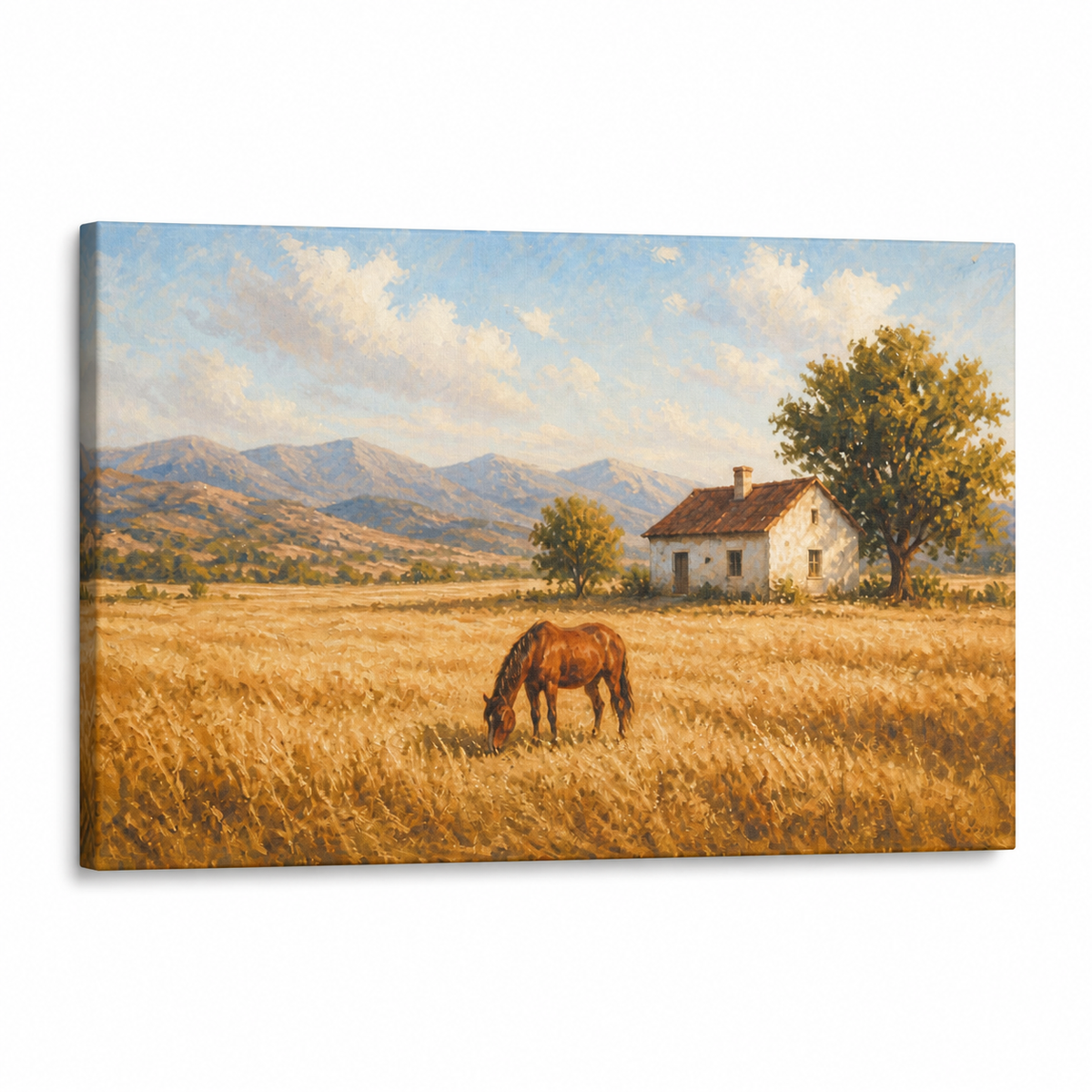 Golden Field Horse and Farmhouse Floater Frame Canvas Wall Art — styled room view, image 7