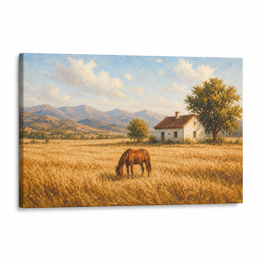 Golden Field Horse and Farmhouse Floater Frame Canvas Wall Art | Stretched Canvas SKU