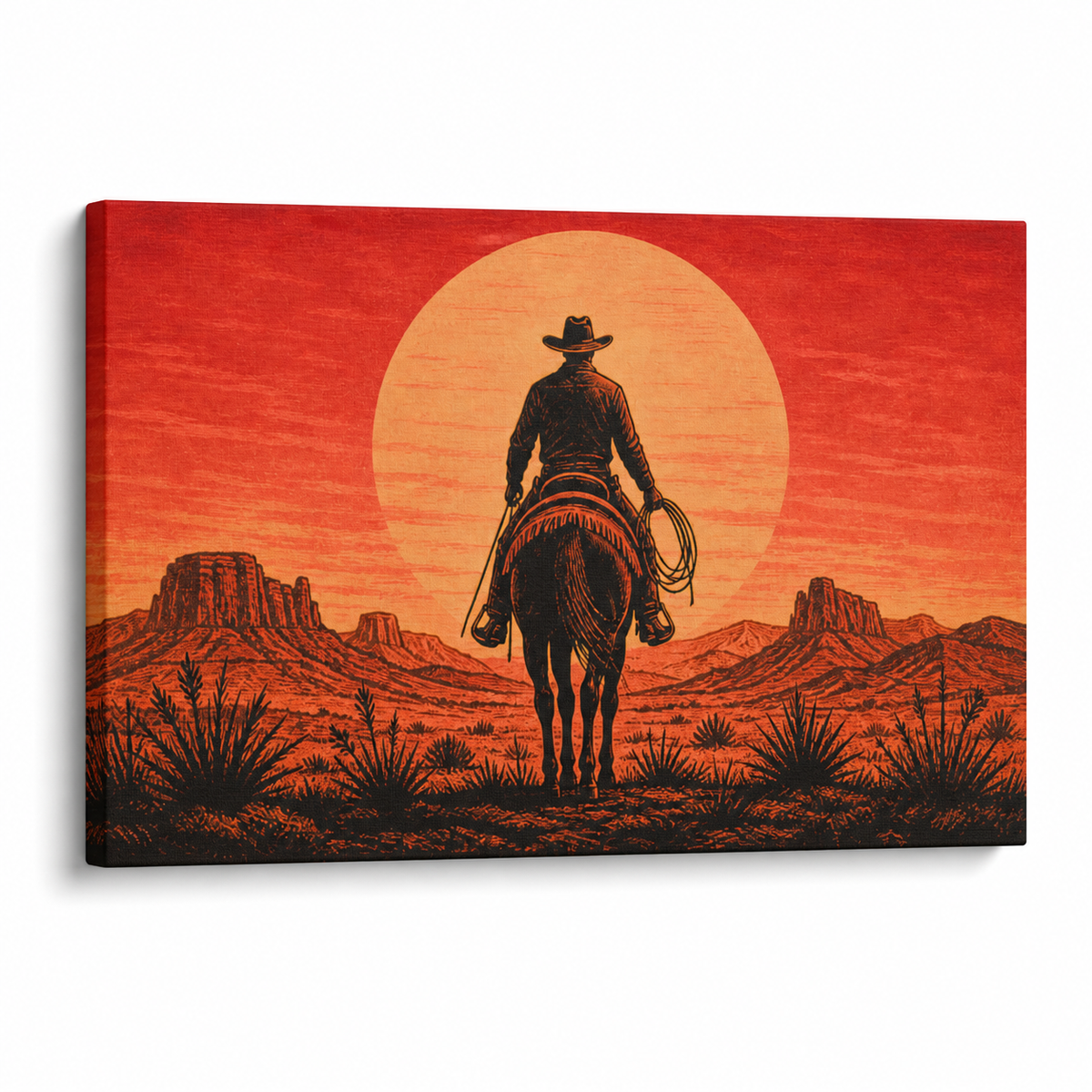 Cowboy Sunset Western Floater Frame Canvas Wall Art | Stretched Canvas SKU
