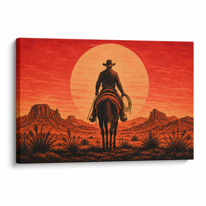 Cowboy Sunset Western Floater Frame Canvas Wall Art | Stretched Canvas SKU
