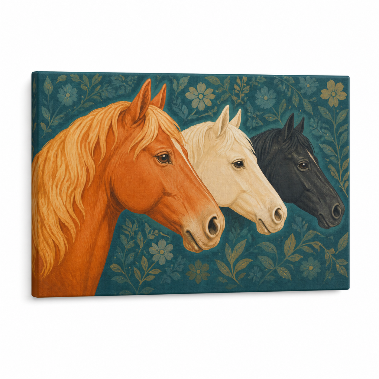 Three Horse Heads Brocade Floater Frame Canvas Wall Art | Stretched Canvas SKU
