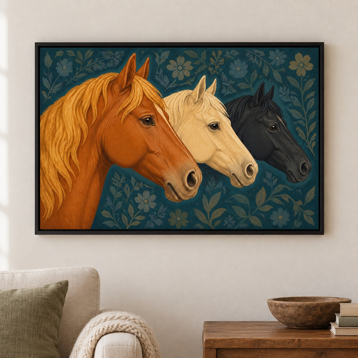Three Horse Heads Brocade Floater Frame Canvas Wall Art - approved Black Frame closeup wall view