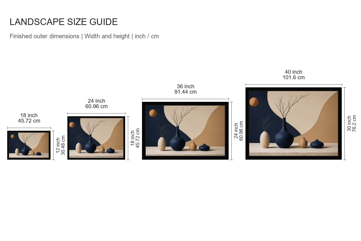 Modernist Ceramic Vase Still Life Floating Frame Canvas Wall Art - approved size comparison guide (cm)