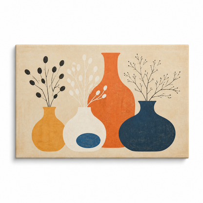 Mid Century Botanical Vases Floating Frame Canvas Wall Art | Stretched Canvas SKU