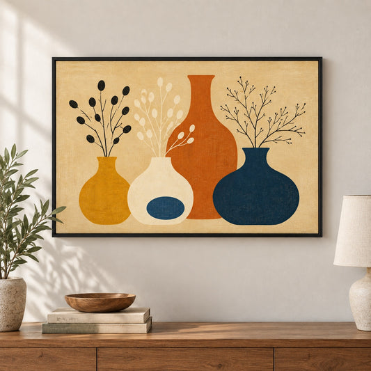 Mid Century Botanical Vases Floating Frame Canvas Wall Art - approved Black Frame closeup wall view
