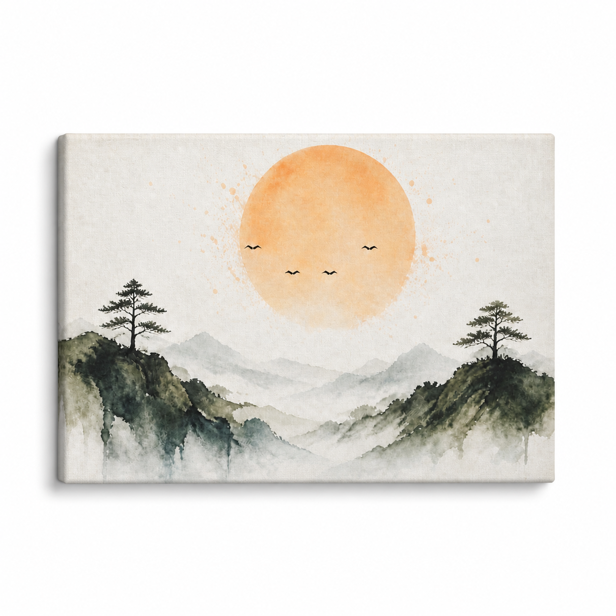 Amber Sun Pine Mountain Watercolor Floating Frame Canvas Wall Art | Stretched Canvas SKU