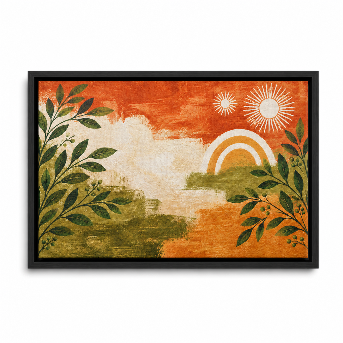 Boho Botanical Suns Floating Frame Canvas Wall Art with black floater frame — styled room view, image 8