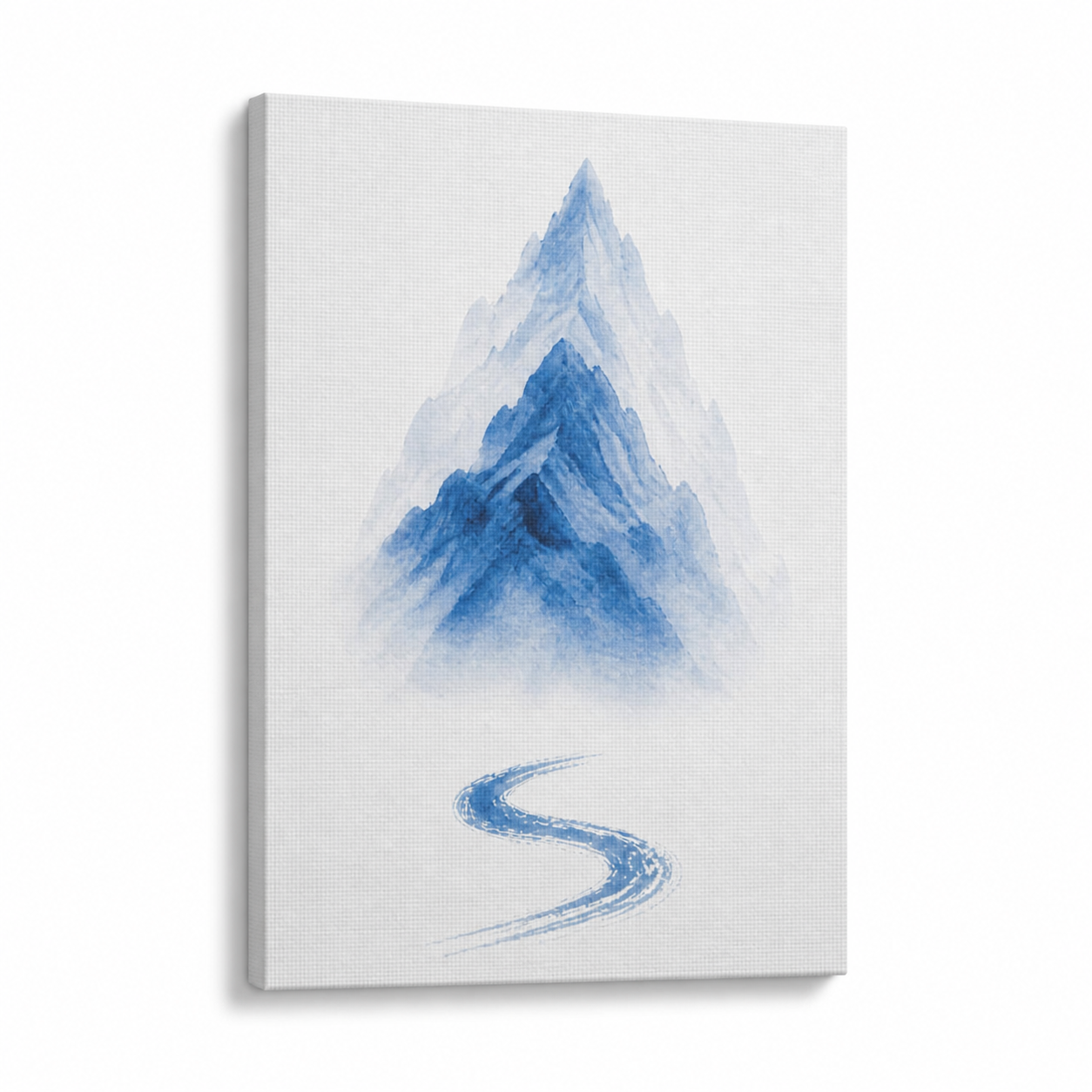 Blue Ink Wash Mountain Floater Frame Canvas Wall Art | Stretched Canvas SKU