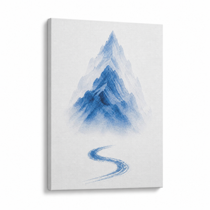 Blue Ink Wash Mountain Floater Frame Canvas Wall Art | Stretched Canvas SKU
