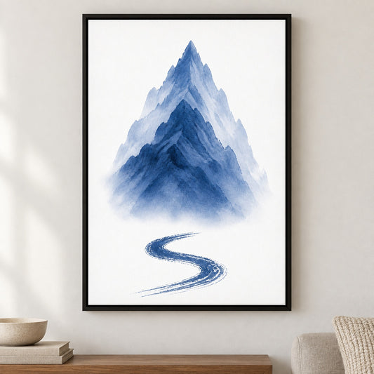 Blue Ink Wash Mountain Floater Frame Canvas Wall Art - Black Frame closeup wall view