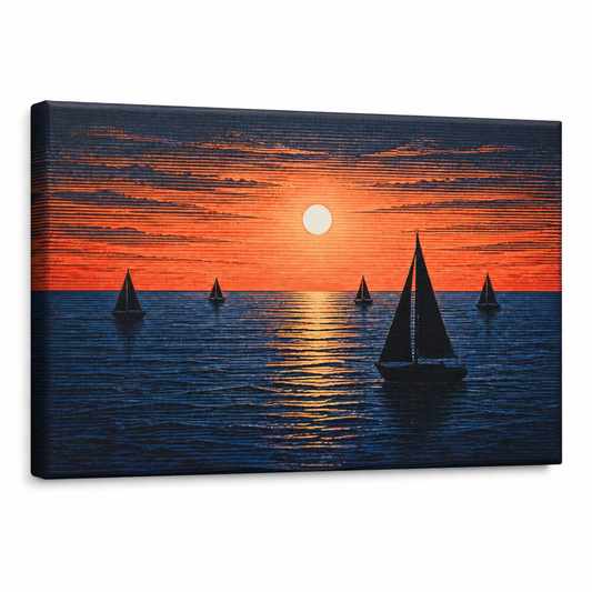 Five Sailboats Sunset Woodcut Floater Frame Canvas Wall Art | Stretched Canvas SKU