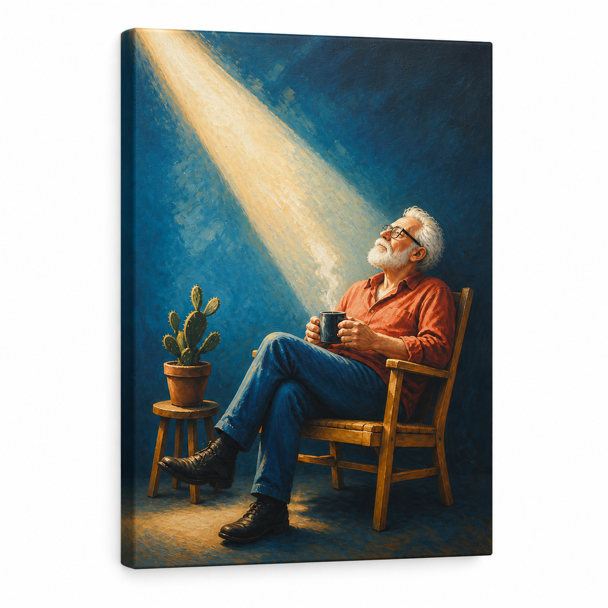 Elderly Man in a Beam of Light Floater Frame Canvas Wall Art | Stretched Canvas SKU