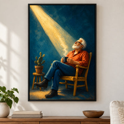 Elderly Man in a Beam of Light Floater Frame Canvas Wall Art - Black Frame closeup wall view