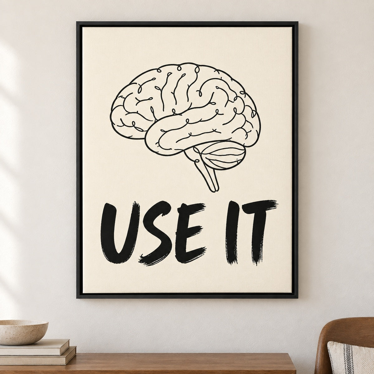 Use It Brain Line Art Floater Frame Canvas Wall Art - Black Frame closeup wall view