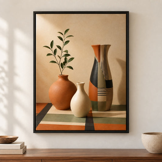 Three Ceramic Vases Floater Frame Canvas Wall Art - Black Frame closeup wall view