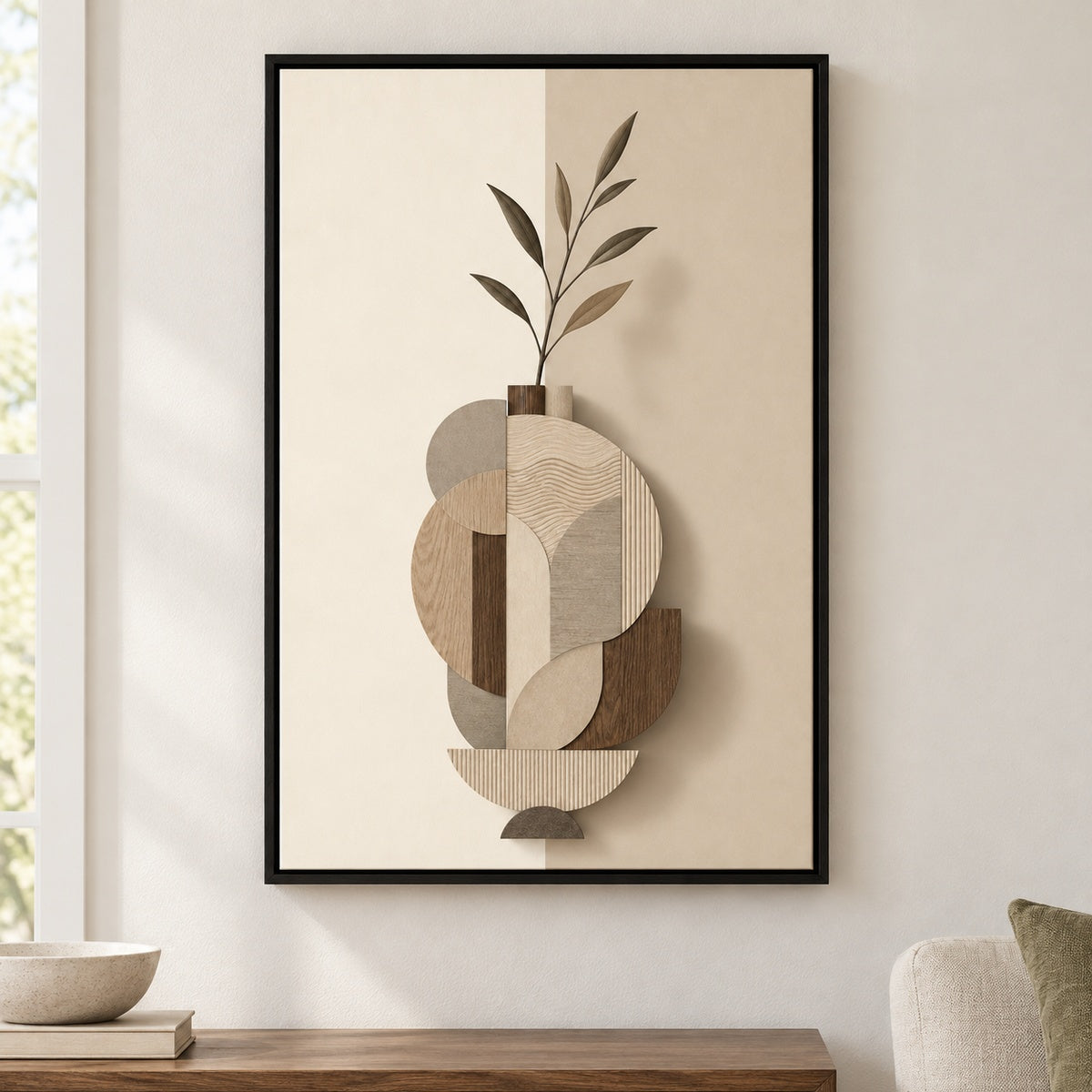 Earth Tone Geometric Vase Collage Floater Frame Canvas Wall Art - Black Frame closeup wall view