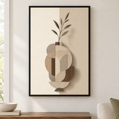 Earth Tone Geometric Vase Collage Floater Frame Canvas Wall Art - Black Frame closeup wall view