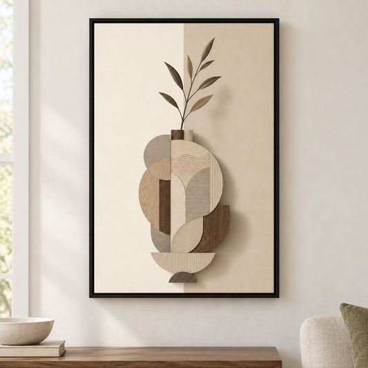 Earth Tone Geometric Vase Collage Floater Frame Canvas Wall Art - Black Frame closeup wall view