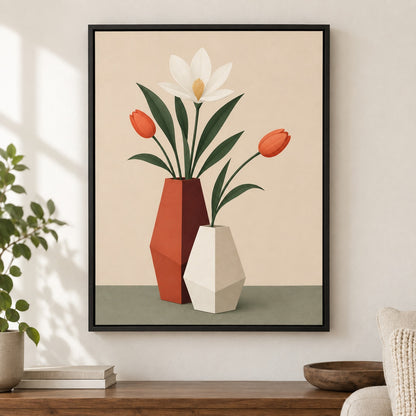 Geometric Vases Floral Arrangement Floater Frame Canvas Wall Art - Black Frame closeup wall view