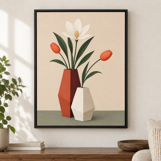 Geometric Vases Floral Arrangement Floater Frame Canvas Wall Art - Black Frame closeup wall view