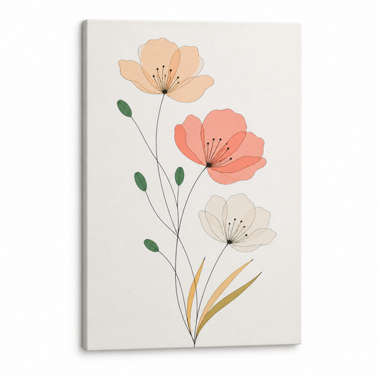 Minimalist Three Flowers Line Art Floater Frame Canvas Wall Art | Stretched Canvas SKU