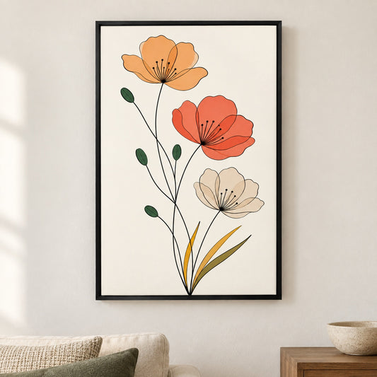 Minimalist Three Flowers Line Art Floater Frame Canvas Wall Art - Black Frame closeup wall view